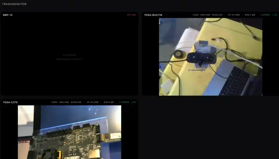 Trashmonitor dashboard showing tailnet camera streams